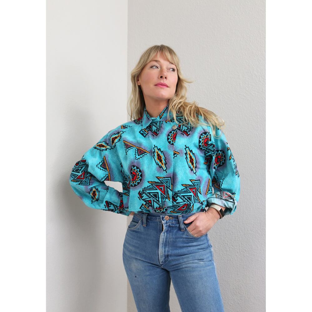 1990's Vintage Wranglers Turquoise Southwestern Cowboy Shirt ~ Women's MD LG